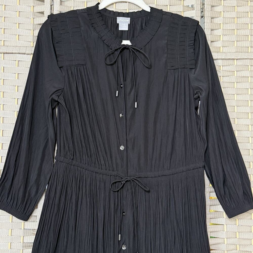 Chico’s Crinkle Pleat Midi Shirt Dress Size 1.5 US 10 Black Ruffle Tie Neck - Picture 3 of 11